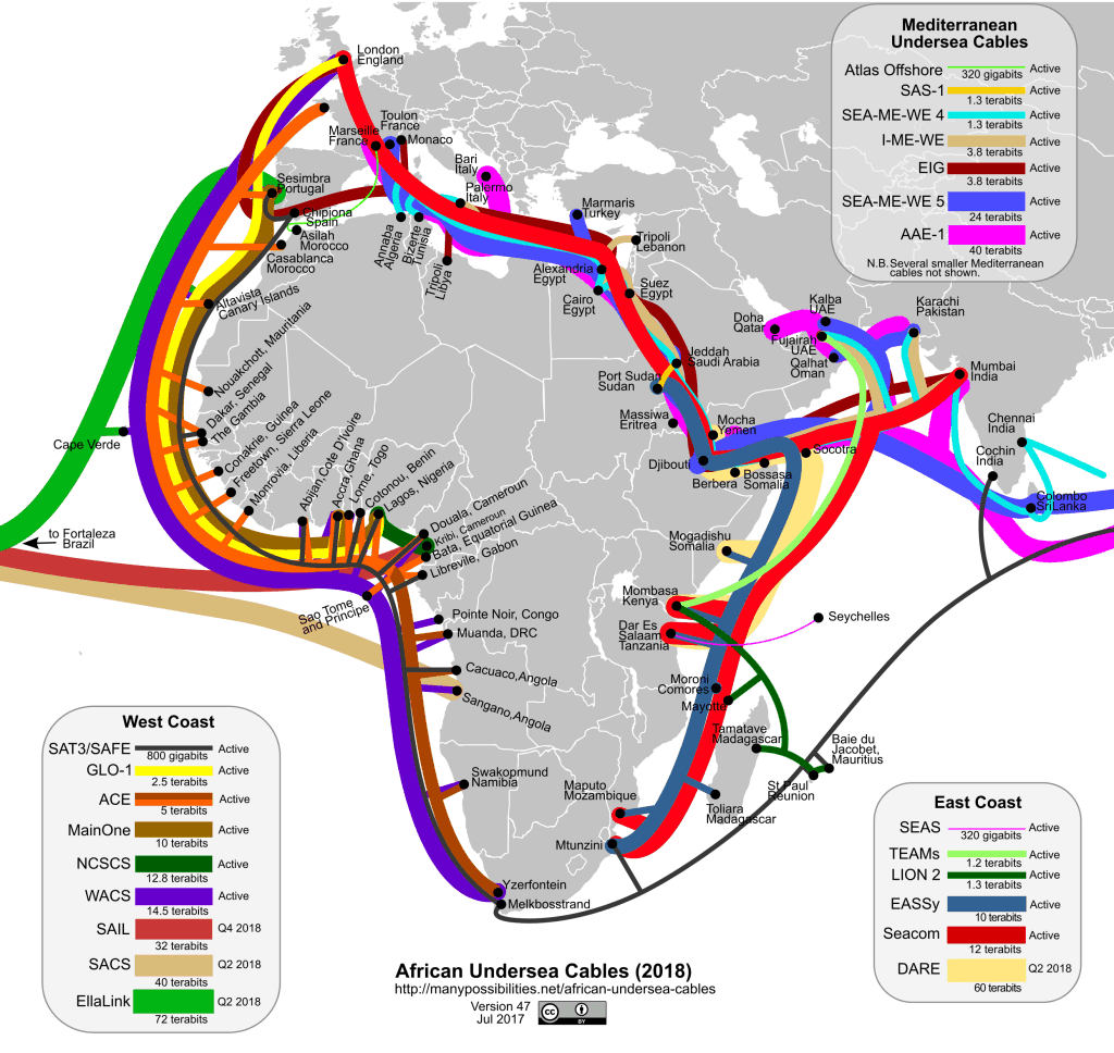 A map of Africa showing undersea fibre optic networks