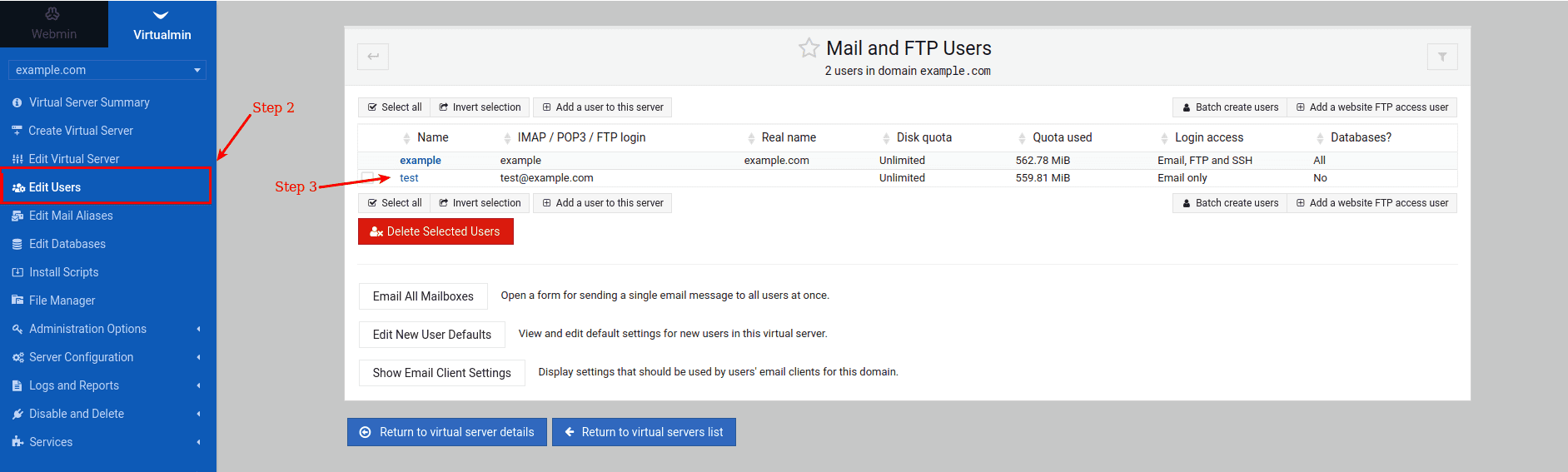 Edit Users And Select Email Address Virtualmin