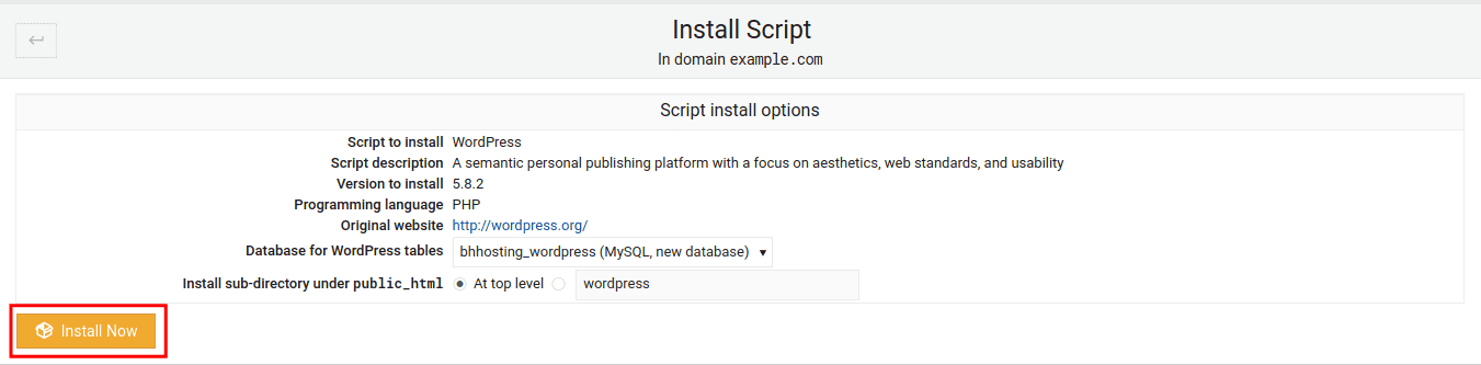 WordPress Virtualmin Script Install Options